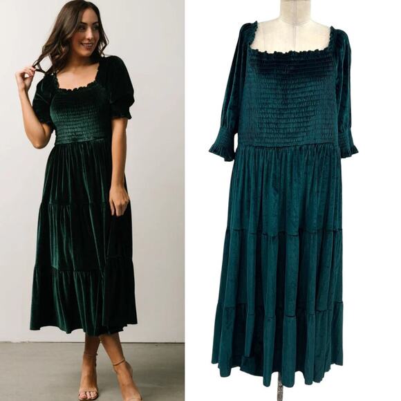 Baltic Born Vivaldi Smocked Velvet Midi Dress Dark Green Size 3XL - Picture 1 of 16